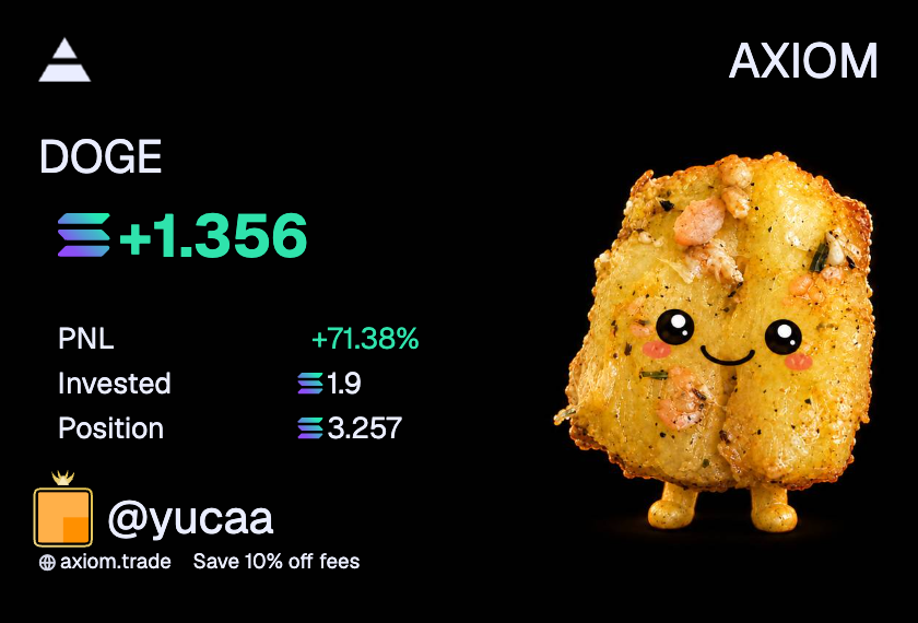 Yuca DOGE trade showing a 71.38% return