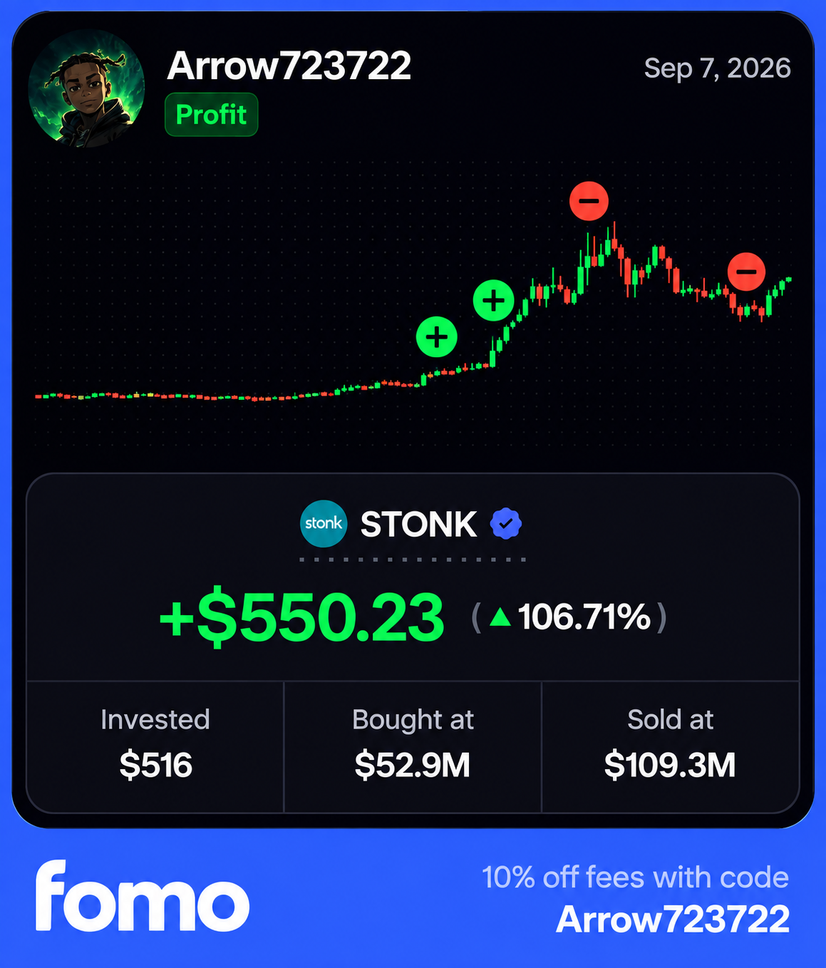 Arrow723722 STONK trade showing a $550.23 profit and 106.71% return